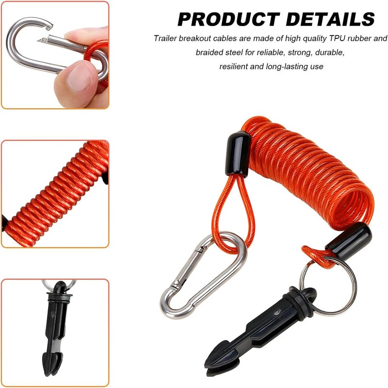 ZNDAW 2PCS Trailer Brake Away Cable, 4FT High Rebound Towing Coiled Wire with Stainless Steel Carabiner & Pin, Heavy Duty RV Emergency Brake Safety Cables for Breakaway Trailer Systems - Image 2